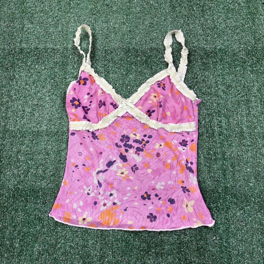 Y2K Floral Mesh Camisole Tank Top Pink Ruffle Trim